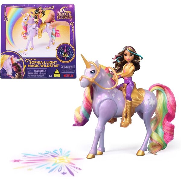 Unicorn Academy Sophia e Light Magic Wildstar com efeitos de luz arco-íris e acessórios