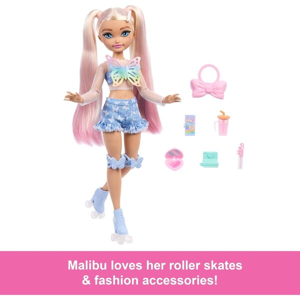 Barbie Malibu avec patins et accessoires de maquillage – Poupée articulée aux cheveux blonds