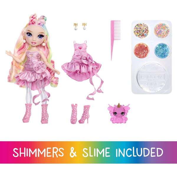 Rainbow High Bella Pink 11 Zoll mit Schleimset und magischem Tier – Erstellen Sie Ihre eigene Regenbogenpuppe