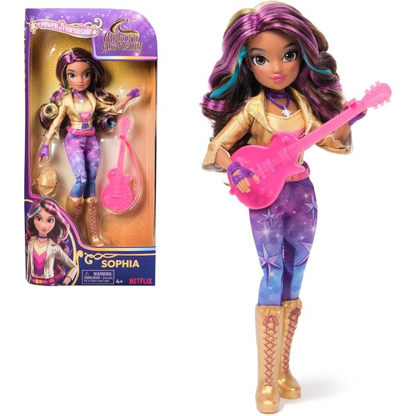 Unicorn Academy Sofia com guitarra e acessórios de moda, boneca de 24 cm para meninas 4+