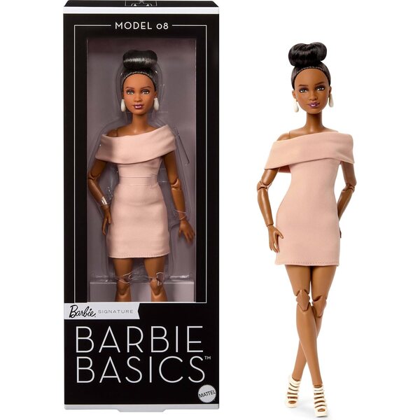 Barbie Basics Model 08 met bruin haar en elegante, beweegbare en universele beige jurk
