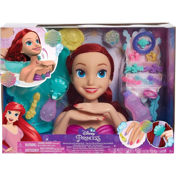 Głowa do fryzur Disney Princess Shimmer Spa Ariel 20 sztuk, gry dla dzieci 3+
