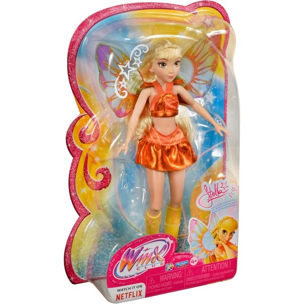 Winx Club Stella Fairy Doll Puppe mit Glitzerflügeln und leuchtend orangefarbenem Outfit