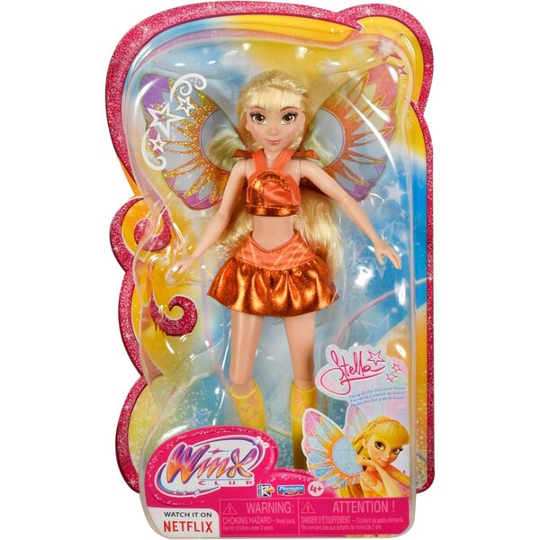 Winx Club Stella Fairy Doll Puppe mit Glitzerflügeln und leuchtend orangefarbenem Outfit