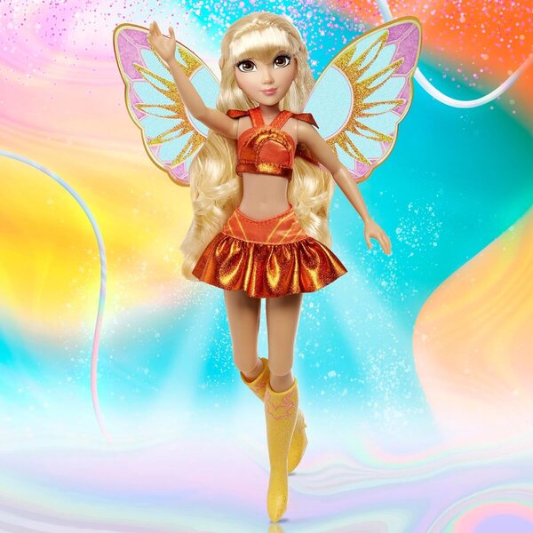 Winx Club Stella Fairy Doll Puppe mit Glitzerflügeln und leuchtend orangefarbenem Outfit