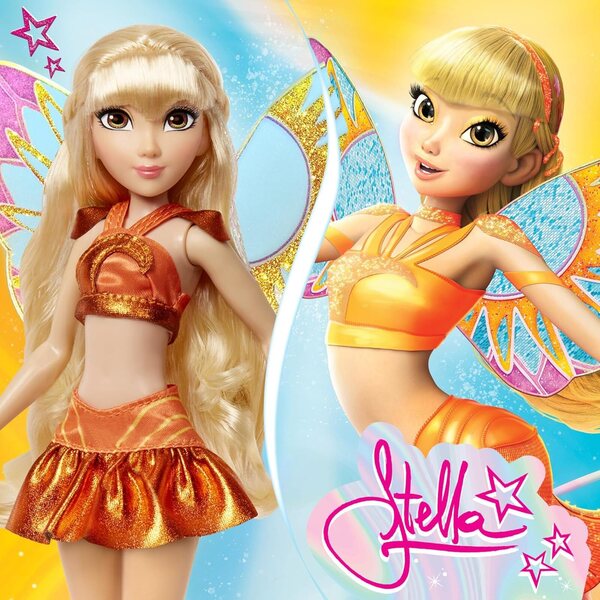 Winx Club Stella Fairy Doll Puppe mit Glitzerflügeln und leuchtend orangefarbenem Outfit