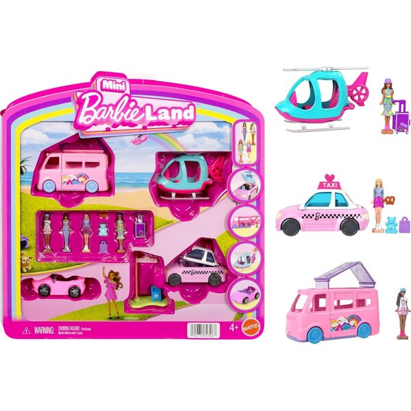 Barbie Mini Land 4-Pack con 4 Mini Bambole, Veicoli e Accessori a Tema