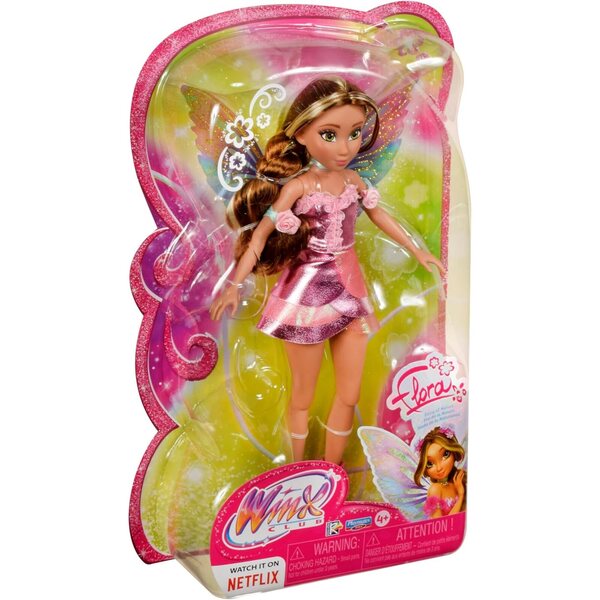 Winx Club Flora Feenpuppe mit funkelnden Flügeln und metallisch rosa Kleid