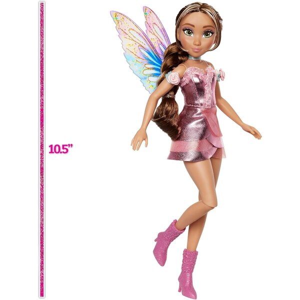 Winx Club Flora Feenpuppe mit funkelnden Flügeln und metallisch rosa Kleid
