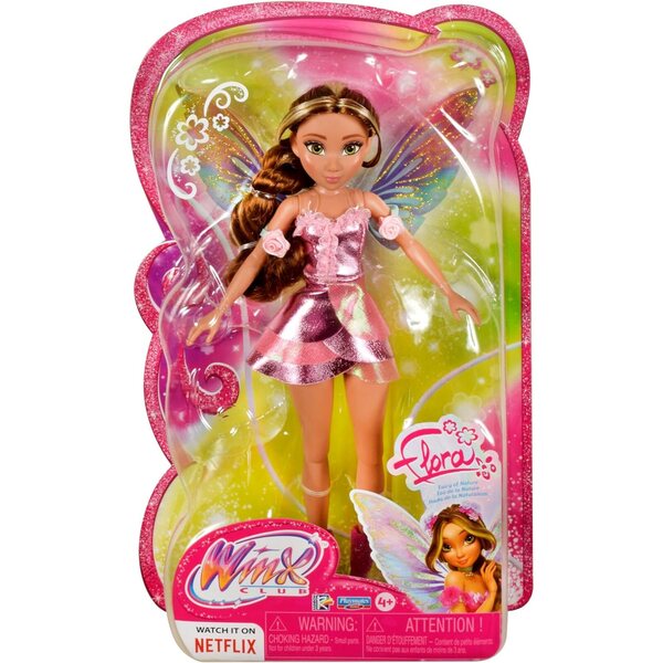 Winx Club Flora Feenpuppe mit funkelnden Flügeln und metallisch rosa Kleid