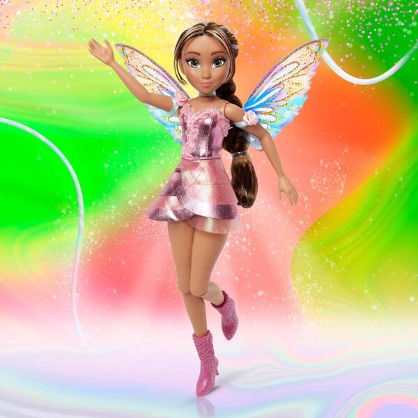 Winx Club Flora Feenpuppe mit funkelnden Flügeln und metallisch rosa Kleid