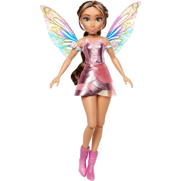 Winx Club Flora Feenpuppe mit funkelnden Flügeln und metallisch rosa Kleid