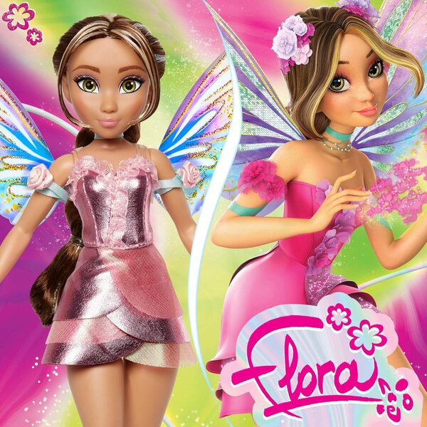 Winx Club Flora Feenpuppe mit funkelnden Flügeln und metallisch rosa Kleid
