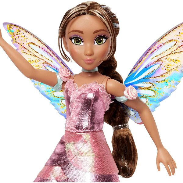 Winx Club Flora Feenpuppe mit funkelnden Flügeln und metallisch rosa Kleid