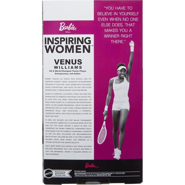 Barbie Inspiring Women Series, Venus Williams Fashion Doll with Signature Tennis Uniform and Racket, Includes Displayable Packaging