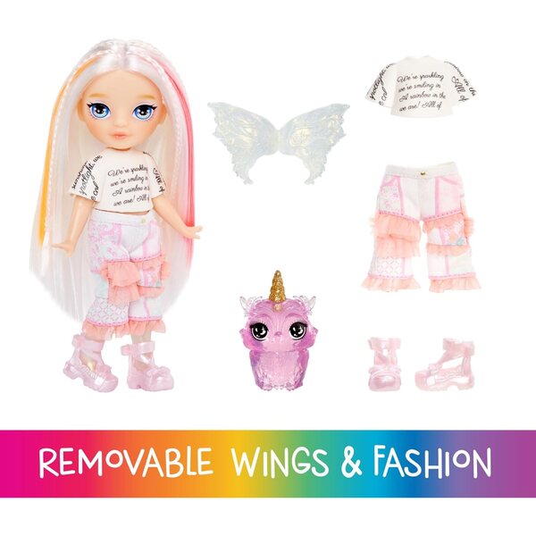 Rainbow High Littles Opal-Fee mit austauschbaren Flügeln und magischem Eulen-Haustier, 14 cm