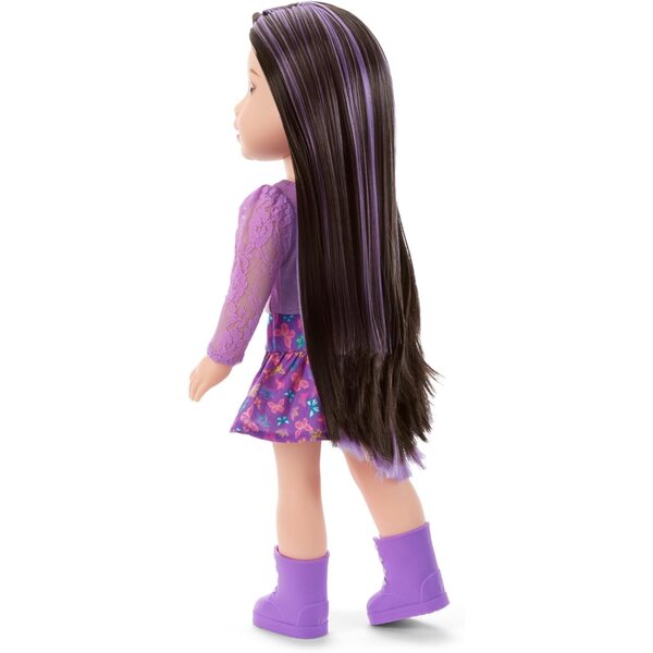 Francie-pop van Amerikaans meisje, 37 cm, met donkerbruin haar en paarse accenten