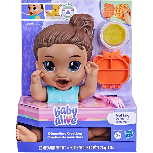 Baby Alive Dinnertime Creations, Brown Hair Doll with Play Food Accessories, 11 inches, Toys for 3+ Year Old Girls and Boys