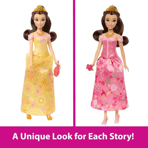 Mattel Disney Princess Belle 2-i-1 docka med 9 tillbehör och 2 utseenden