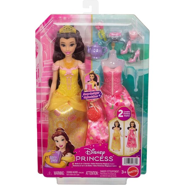 Mattel Disney Princess Belle 2-i-1 docka med 9 tillbehör och 2 utseenden
