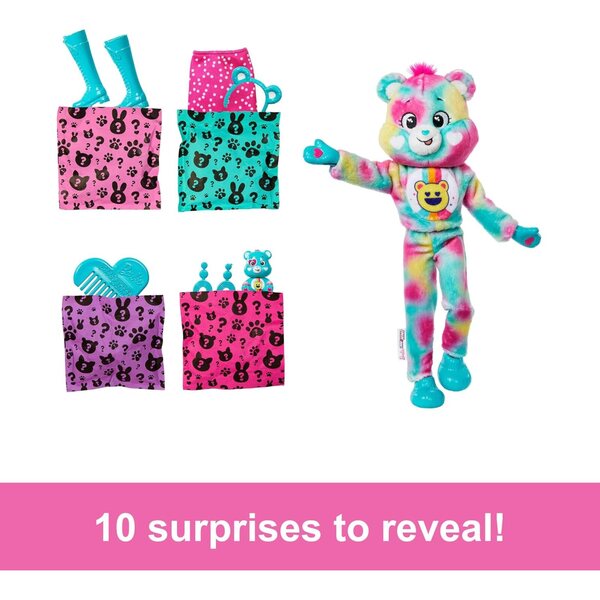 Barbie Cutie Reveal Care Bears Doll & Accessories, Series 2 Good Vibes Bear with 10 Surprises Including Color Change & Mini Bear