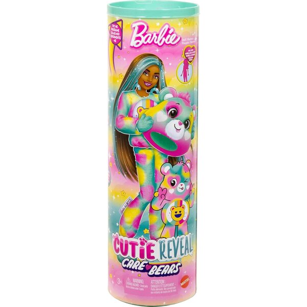 Barbie Cutie Reveal Care Bears Doll & Accessories, Series 2 Good Vibes Bear with 10 Surprises Including Color Change & Mini Bear