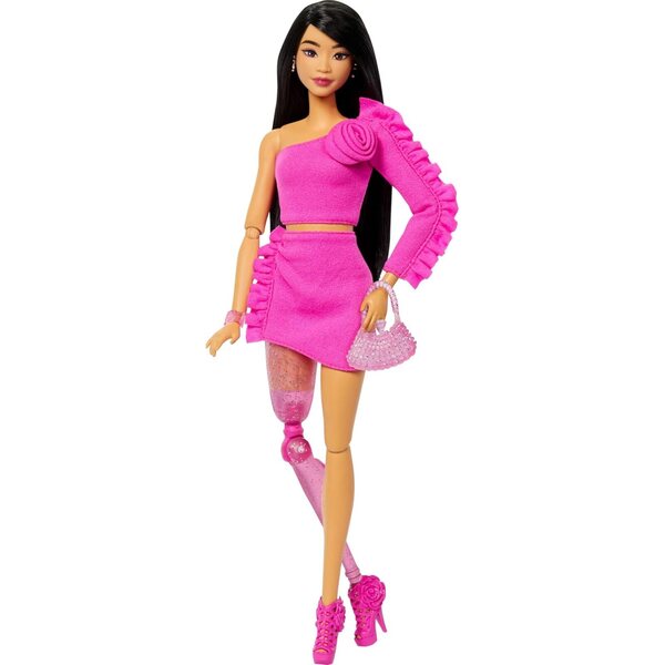 Barbie Deluxe Style Doll #2 in Barbiecore Outfit, Black Hair and Glittery Prosthetic Leg, Pink Top and Skirt Set with Rosette Detail and Accessories