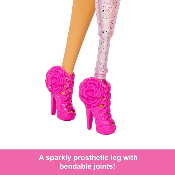 Barbie Deluxe Style Doll #2 in Barbiecore Outfit, Black Hair and Glittery Prosthetic Leg, Pink Top and Skirt Set with Rosette Detail and Accessories