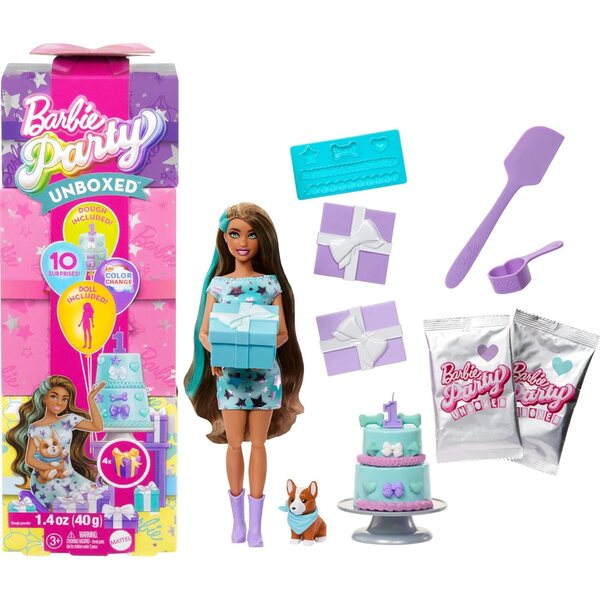 Barbie Party Unboxed Pet Birthday avec 10 surprises, poupée et accessoires de fête