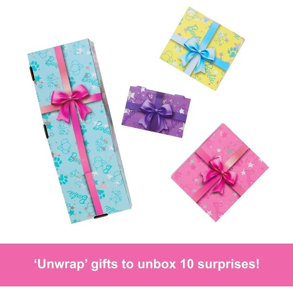 Barbie Party Unboxed Pet Birthday avec 10 surprises, poupée et accessoires de fête