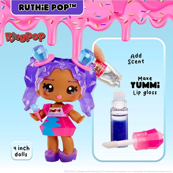 Papusa Yummiland Ruthie Pop cu luciu de buze DIY și breloc, cu vârsta peste 4 ani