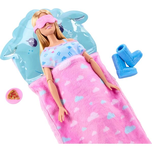 Barbie Party Unboxed Sleepover Reveal avec 7 surprises et un pyjama lumineux
