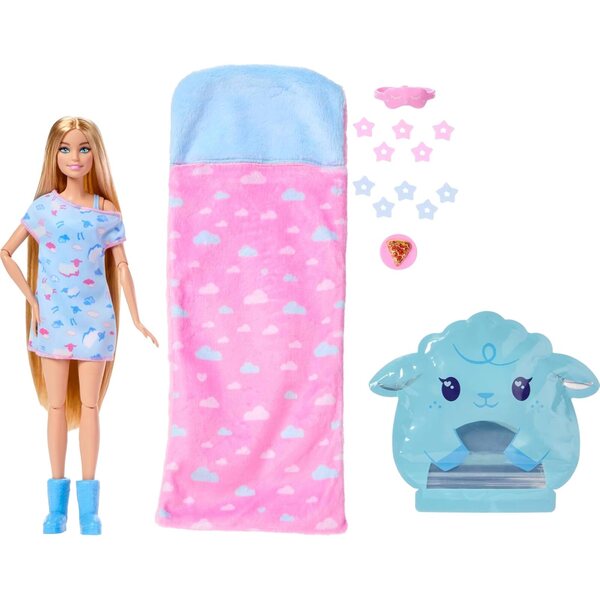 Barbie Party Unboxed Sleepover Reveal avec 7 surprises et un pyjama lumineux