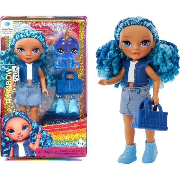 Rainbow High Littles Sapphire Bradshaw – Kleine blaue bewegliche Puppe, 14 cm, mit Handtasche und magischem Yeti
