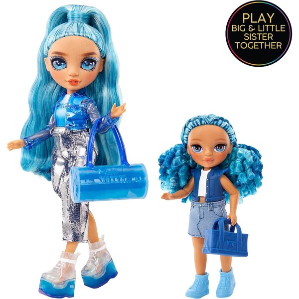 Rainbow High Littles Sapphire Bradshaw – Kleine blaue bewegliche Puppe, 14 cm, mit Handtasche und magischem Yeti