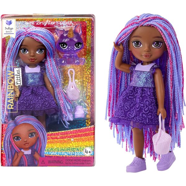 Rainbow High Littles Indigo Bailey, 14 cm große bewegliche Puppe mit Rucksack und magischem Fuchs