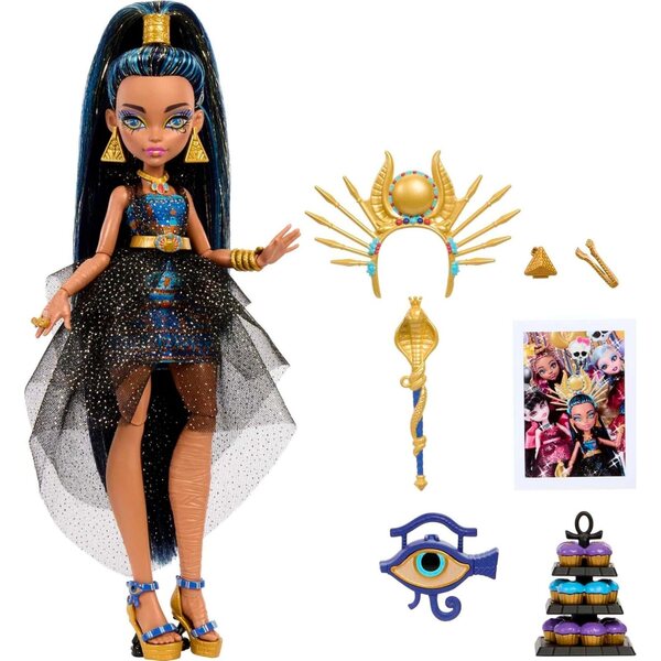 Panenka Monster High Cleo De Nile ve společenských šatech s doplňky na párty