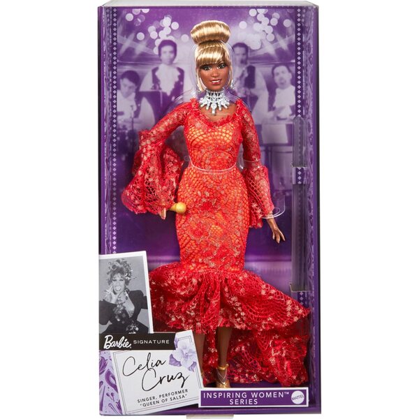 Barbie Celia Cruz Reine de la Salsa en robe rouge avec microphone doré et certificat