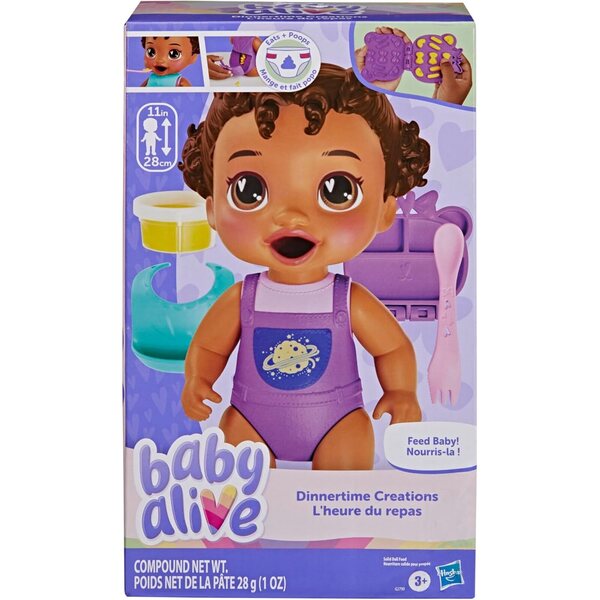 Baby Alive Dinnertime Creations, Black Hair Doll with Play Food Accessories, 11 inches, Toys for 3+ Year Old Girls and Boys