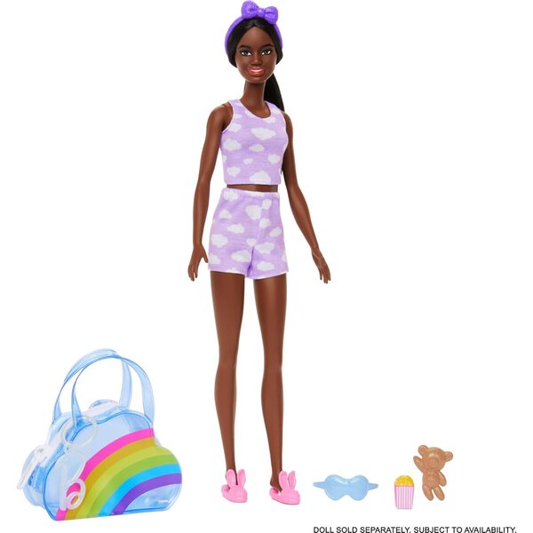 Barbie-Regenbogentaschen-Zubehörset mit Pyjamas und Pyjama-Partyartikeln