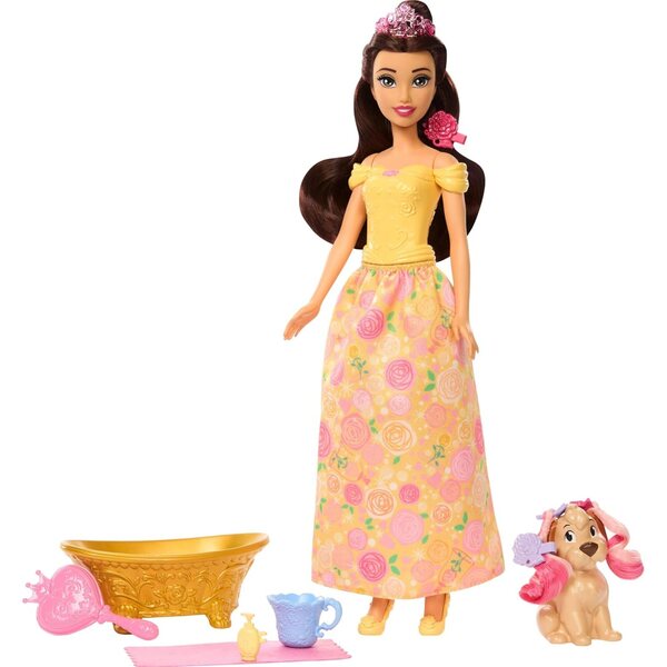 Mattel Disney Prinzessin Belle mat Hond, Dëppchen, Accessoiren a Waasserfaarf änneren