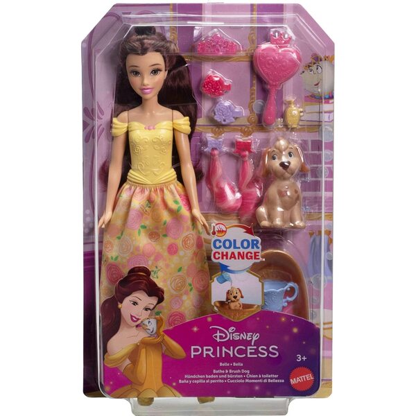 Mattel Disney Princess Belle med hund, badkar, tillbehör och vattenfärgsbyte