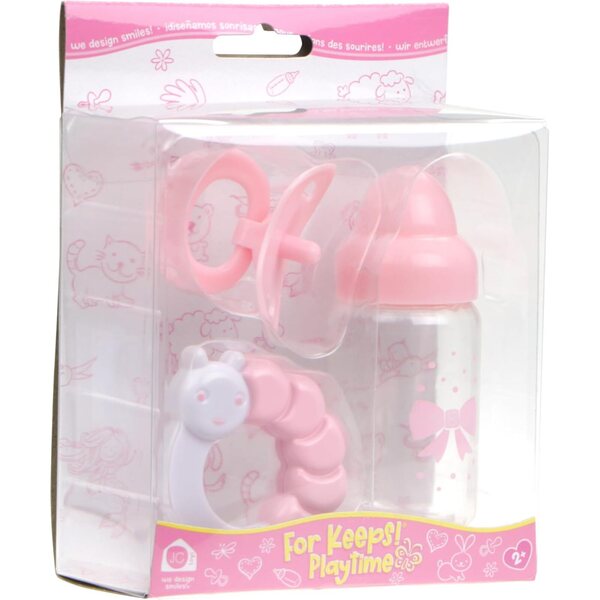 Pink Baby Doll Bottle, Rattle & Pacifier Set | JC Toys - for Keeps Playtime! | Fits Many Dolls up to 15" | Play Accessories | Ages 2+