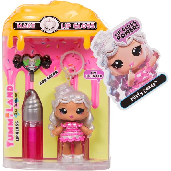 Yummiland Lip Gloss Doll: Sour Sweeties - Misty Cakes Includes DIY Lip Gloss + Removable Keychain, Cosmetic Play, Collectible, Ages 4+