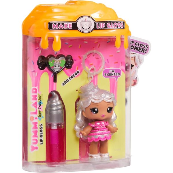 Yummiland Lip Gloss Doll: Sour Sweeties - Misty Cakes Includes DIY Lip Gloss + Removable Keychain, Cosmetic Play, Collectible, Ages 4+