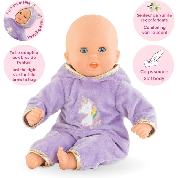 Corolle Bébé Calin Jednorožec měkká panenka 30 cm s fialovým outfitem a vanilkovým parfémem