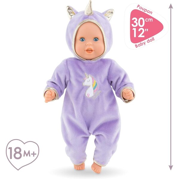 Corolle Bébé Calin Jednorožec měkká panenka 30 cm s fialovým outfitem a vanilkovým parfémem