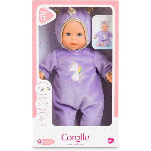 Corolle Bébé Calin Jednorožec měkká panenka 30 cm s fialovým outfitem a vanilkovým parfémem