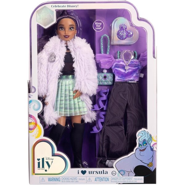Disney ily 4EVER Dolls Disney 100 - Ursula 11.5" Tall with 13 Points of Articulation, Two Complete Mix-and-Match Outfits and Glittery Mickey Ring for You!
