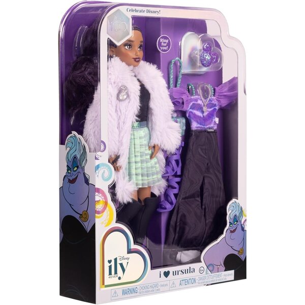 Disney ily 4EVER Dolls Disney 100 - Ursula 11.5" Tall with 13 Points of Articulation, Two Complete Mix-and-Match Outfits and Glittery Mickey Ring for You!